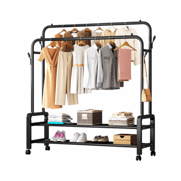 Τροχήλατη κρεμάστρα δαπέδου με ράφια παπουτσιών - YP610 - 522633 - Black - GoodFlix