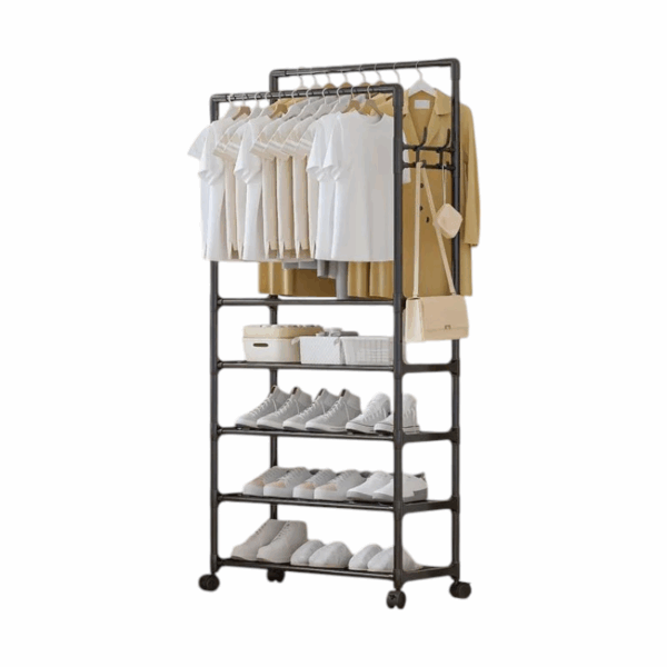 Τροχήλατη κρεμάστρα δαπέδου με ράφια παπουτσιών - YH6619-5 - 522855 - Black - GoodFlix